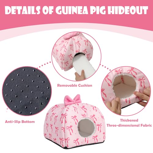JarThenaAMCS Washable Guinea Pig House Bed Pink Bow Bunny Hideout Cage Accessories Reusable Hideaway for Ferret Hedgehog Small Animal, 9.5 x 9.5 x 8 Inch
