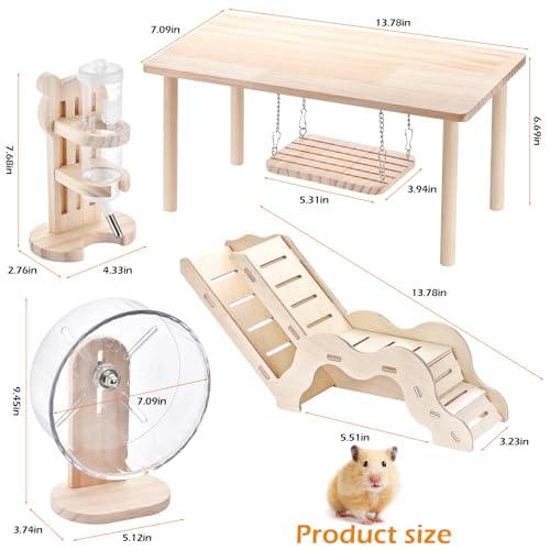 4-piece Hamster Toy Set with Wooden Hamster cage Accessories Platform Table Swing Climbing Ladder Running Wheel Water Bottle Suitable for Small Pets Such as Golden Bear Dwarf Hamster Sand Rat Rat etc