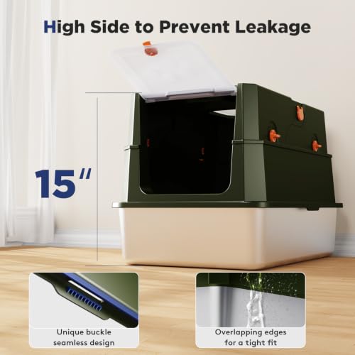 FURTIME Stainless Steel Litter Box with Lid, Enclosed Metal Cat Litter Box | XL Extra Large, Cat Box with High Sided Enclosure & Scoop, Big Cats, Front & Top Entry, Odor Free, Anti-Leakage, Green - color: Green, size: X-large