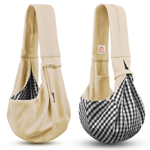 Tomkas Small Dog Cat Sling Carrier Puppy Purse Travel Wrap Soft Crossbody Pet Bag (Cream, M - Classic Pocket & Classic Strap) - color: Cream