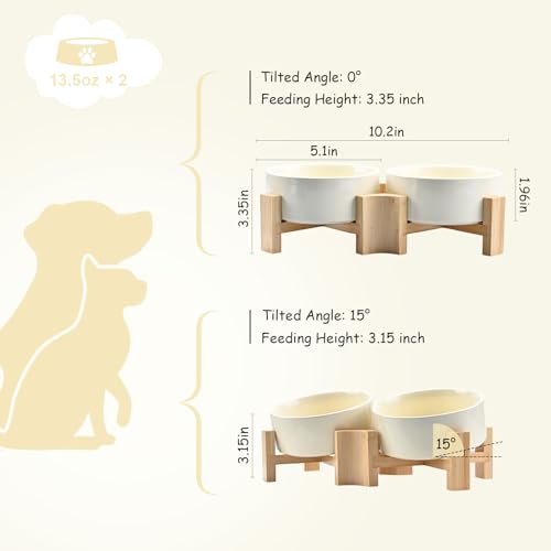 SPUNKYJUNKY 15° Slanted Ceramic Dog and Cat Bowl with Wooden Stand, Tilted Bulldog Food and Water Bowl No Slip Non-Spill for Cats Medium Dogs Big Face Pets 13.5 OZ (1.7 Cups, Beige × 2) - color: Beige, size: 1.7 CUPS × 2