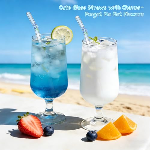 6Pcs Cute Glass Straws Shatter Resistant with 2 Cleaning Brushes, Reusable Glass Straws with Charms- Forget Me Not Blue Flowers, Party Decorations, Juice, Birthday Party(Dishwasher Safe) - style: Forget Me Not Flowers