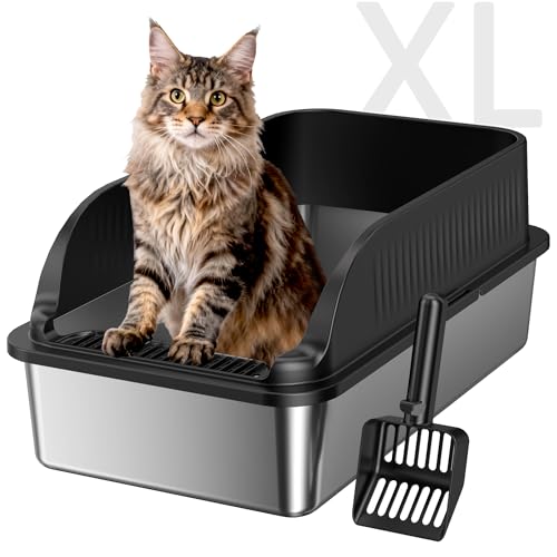 Stainless Steel Litter Box with High Sides, Include Scoop, Black | Easy Cleaning Anti-Urine Leakage Non-Sticky Open Top Low Entry - color: Black XL