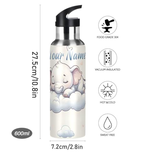 Custom Elephants Animal Forest Water Bottle Kids Stainless Steel Bottle with Straw Lid Personalized Name Boys Girls Insulated Cup for School 20 oz - color: Multi100