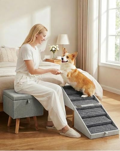 Dog Ramp for Bed & Couch, Dog Stairs 21.06 inches High for Large/Medium/Small Doggie, Foldable 2 in 1 Wooden Pet Steps for Puppy Older and Injured Dogs, Split Ottoman Design, No-Slip Surface - size: 21.06" H-Light Grey