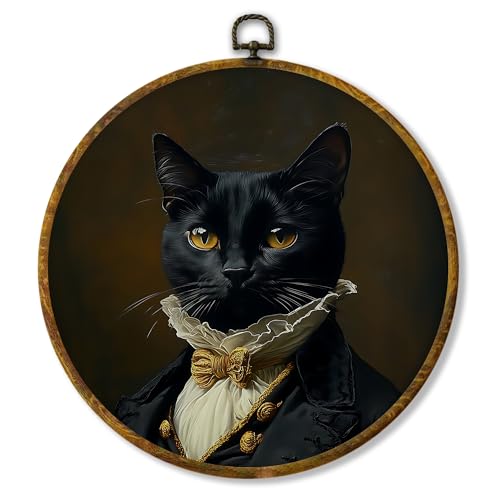 shiviody Vintage Black Cat Canvas Wall Art Decor, Retro Regal Gothic Animal Wall Decor, Dark Academia Cat Round Hanging Frame Prints Decorations for iving Room Bedroom Bathroom 10"x10" - color: Animals-19