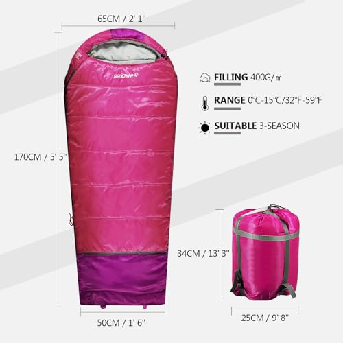 REDCAMP Kids Mummy Sleeping Bag for Camping, 3 Season Cold Weather Sleeping Bag Fit Boys,Girls & Teens, Blue/Rose Red - color: Rose Red with 3.3lbs Filling