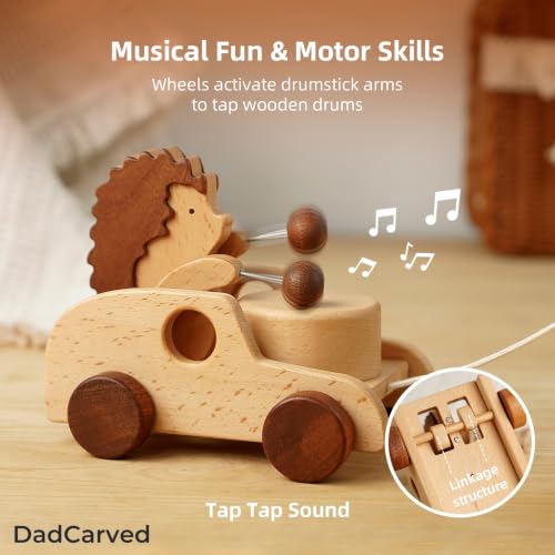 Hedgehog Pull Toy | Montessori Wooden Pull-Along Walking Toy with Wooden Grip Ring | Natural Drumming Sound for Kid Toddlers