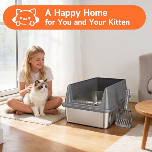 Stainless Steel Cat Litter Box Low Entry Litter Pan Include Scoop | Odor Free Metal High Sides Lid Open Top Easy Cleaning Anti-Scratc Anti-Urine Leakage Non-Sticky - color: Dark Grey S