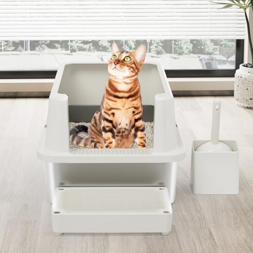 RIZZARI Stainless Litter Box Semi-Closed: Odorless, Large, Easy Clean | High Splash Guard / Non-Stick Steel Pan / 20L Capacity / Raised Step / Fits Any Room / Multi-Cat Use - color: Beige, 1 Pack