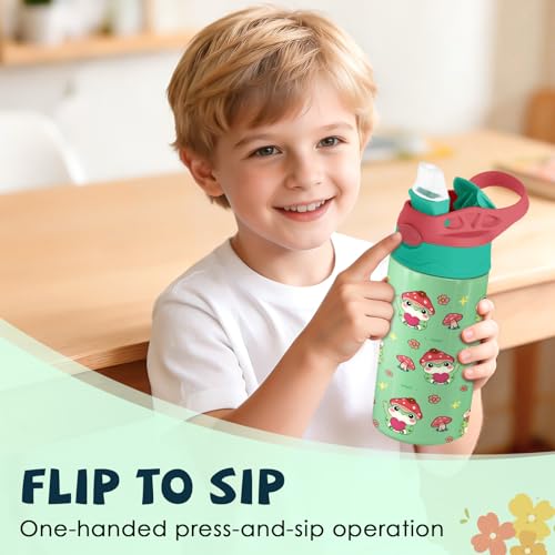 Frog Mushroom 12 oz Water Bottle with Straw – Kids Stainless Steel Vacuum Insulated Cup, Leakproof Pop-Up Spout, Reusable Travel Mug for Boys and Girls Outdoor Sports - color: Frog1