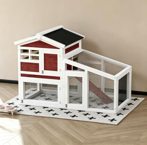 54" 2-Tier Wooden Rabbit Hutch with Run, Small Animal Cage with Removable Tray, Ramp, 6 Access Doors & Asphalt Roof, Weather-Resistant Bunny House for Rabbits, Guinea Pigs, Chinchillas, Red & White - color: Brown-white
