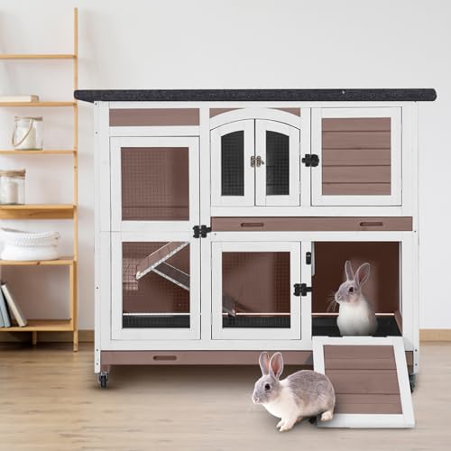 Rabbit Hutch Indoor & Outdoor, Mobile Bunny Hutch with Wheels, Wooden Rabbit Cage with 2 Pull Out Trays and Ramp, Two-Story Design Guinea Pig Cages