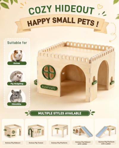 BUCATSTATE Large Wooden Guinea Pig Hideout, Pet Habitat Decor. | Natural wood hideout for guinea pigs & hedgehogs. Easy tool-free assembly, safe for chewing, and sturdy castle design.