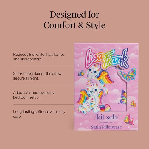 Lisa Frank x Kitsch Satin Pillowcase, Size 19x26 - Angel Kitty | Softer Than Silk Pillow Cases, Smooth Cooling Satin Pillow Case for Hair and Skin, Wrinkle-Free, Machine Washable - color: Angel Kitty, size: Standard/Queen (1 Pack)