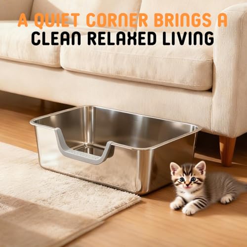 Stainless Steel Litter Box with High Sides,23.6" L X 15.7" W X 7.8" H,Extra Large Jumbo Cat Litter Box,XL Kitty Metal Liter Box for Indoor Big Cat,Non-Sticky,Anti-Leakage(Entry on Long Side) - size: Entry on Long Side