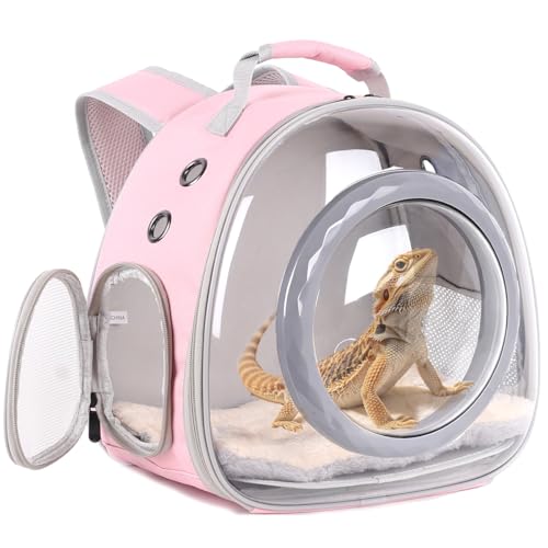 WEVONIGU Bearded Dragon Backpack Carrier with Clear Bubble Dome Window Large Space & Breathable Travel Cage with Soft Mat Airline Approved - color: Pink, size: 8.0"L x 7.0"W x 5.0"H
