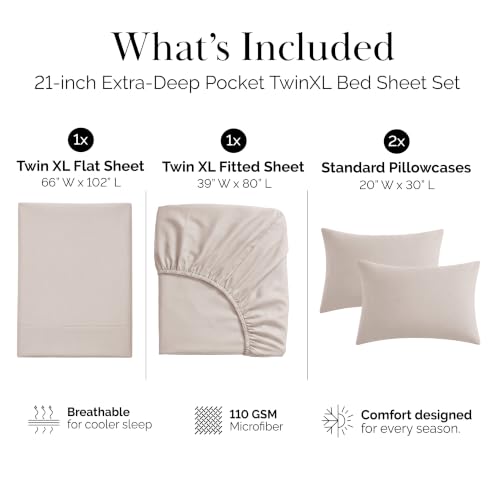 Southshore Fine Living, Inc. 4 Piece Twin XL Sheet Sets, 21 Inch Extra Deep Pocket Sheets, Microfiber Pet Hair Resistant Bedding for Dorm, Bone Colored Bed Sheets Twin Extra Long - Natural Beige - color: 02 - Natural Beige (Formerly Bone), size: Twin XL