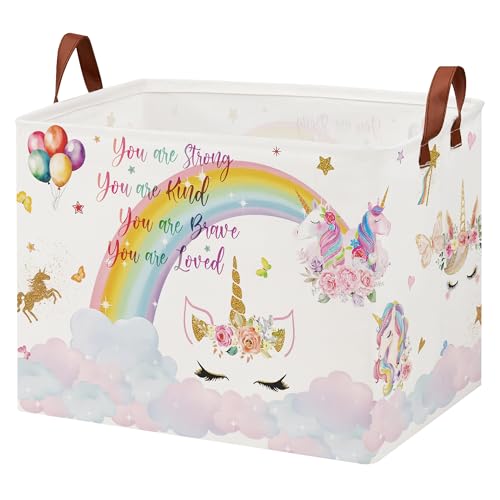 Unicorn Gift Bag Pink Kids Laundry Basket Rainbow Cloud Unicorn Nursery Decor Laundry Hamper ,Room Decor for Girls Bedroom, Rectangular Storage Box Cute Shelf Basket Clothes Book Toy Box Bin - color: Pink, Multicolor