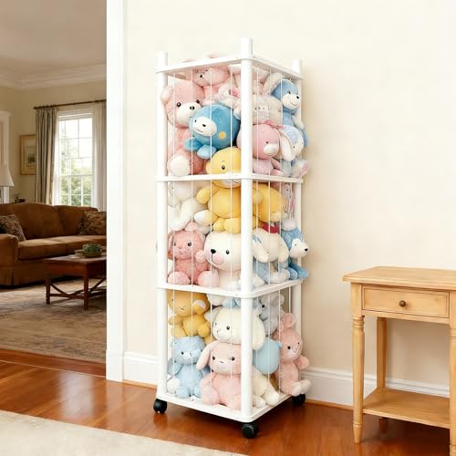 Stuffed Animal Zoo Storage with Lockable Wheels, White | Sturdy Solid Wood Toy Organizer, Large Capacity Plush Toy Cage, Space-Saving for Toddler/Playrooms/Bedrooms - color: White