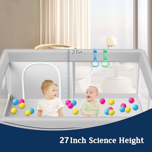 Baby Playpen with Balls and Pull Rings, 50x50 Inch Playpen for Babies and Toddlers Baby Playpen Fence Playard Activity Center, Without MAT Included - color: Grey + Ball, size: 50x50 Inch