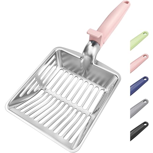 Metal Cat Litter Scoop, Large Cat Scooper with Deep Shovel & Dual Sifting Holes for Fast & Precise Sifting, Space Aluminum Kitty Litter Scooper with Long Handle & Easy-to-Hang Hook - Pink - color: Pink