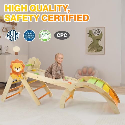 Pikler Triangle Set with Cushion, 7 in 1 Toddler Climbing Toys Indoor | Foldable Space-saving Design, Montessori-inspired Learning, Reversible Slide & Ramp, ASTM F963 Standards for Toddlers 18M-5Y - color: Lion
