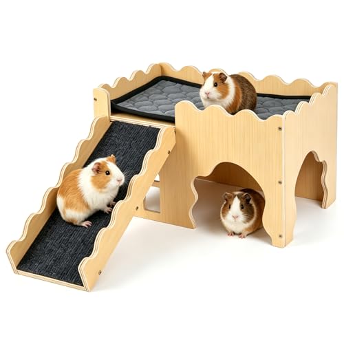 Wooden Guinea Pig Hideout Cave House, Guinea Pig Castle with Natural Cave-Style Entrance, Large Small Animal Habitat with Stairs, Waterproof Liner, Easy Assembly for Guinea Pigs, Rabbits & Hamsters - color: Cave Hideout