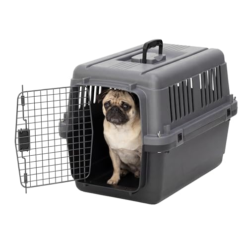SportPet Airline Compliant Small 24" Travel Dog Kennel - Durable Plastic Airline Pet Carrier (No Wheels) & Food Bowls, Collapsible Indoor/Outdoor Dog Kennel, Dogs up to 21" L & 13" H - Dark Gray - color: Dark Gray