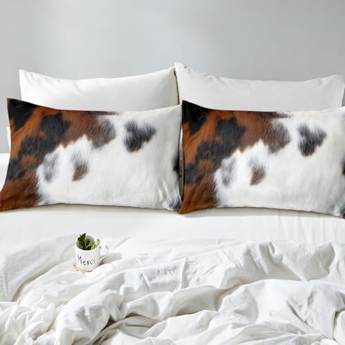 Cowhide Bedding Set for Boys, Cow Print Kawaii Bed Sheets Twin Size Bull Cattle Skin Sheet Set Farmhouse Animal Hair Fitted Sheet-Wildlife Fur Flat Sheet-1 Cowhide Pillow Csae(Black White Brown) - color: Multi 44, size: Twin