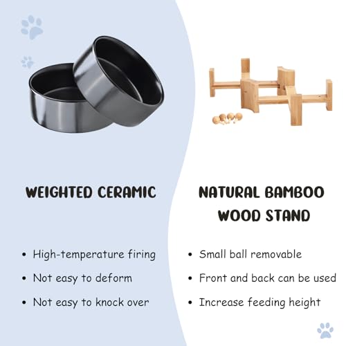 SPUNKYJUNKY 15° Slanted Ceramic Dog and Cat Bowl with Wooden Stand, Tilted Bulldog Food and Water Bowl No Slip Non-Spill for Cats Medium Dogs Big Face Pets 13.5 OZ (1.7 Cups, Black × 2) - color: Black, size: 1.7 CUPS × 2