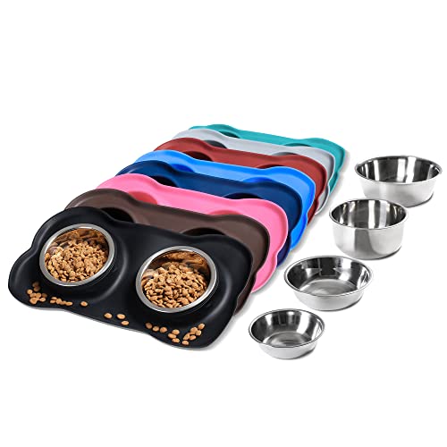 Hubulk Pet Dog Bowls 2 Stainless Steel Dog Bowl with No Spill Non-Skid Silicone Mat + Pet Food Scoop Water and Food Feeder Bowls for Feeding Small Medium Large Dogs Cats Puppies (S, Black) - color: Black, size: Small