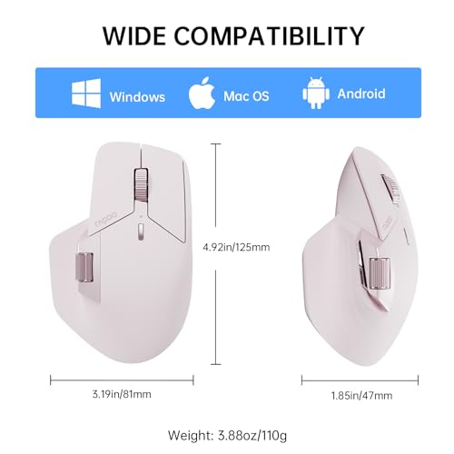 Rapoo MT760 Multi-Device Wireless Mouse, Bluetooth 5.0 and 2.4GHz Multi-Mode Connection, Up to 4 Devices, 11 Programmable Buttons, 4K DPI, Ergonomic Design, 90 Days Battery Life, PC, Pink - color: Pink, size: Standard