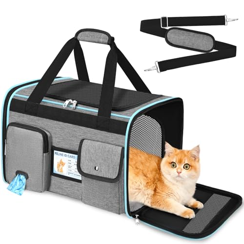 HUANLANG Large Cat Carrier Soft Sided Travel Pet Carrier Airline Approved | Dog Carriers for Small Dogs Medium Cats,Collapsible,3 Storage,zipper lock,Reflective strips,Luggage Strap, Up to 15 Lbs, Grey - color: Gray
