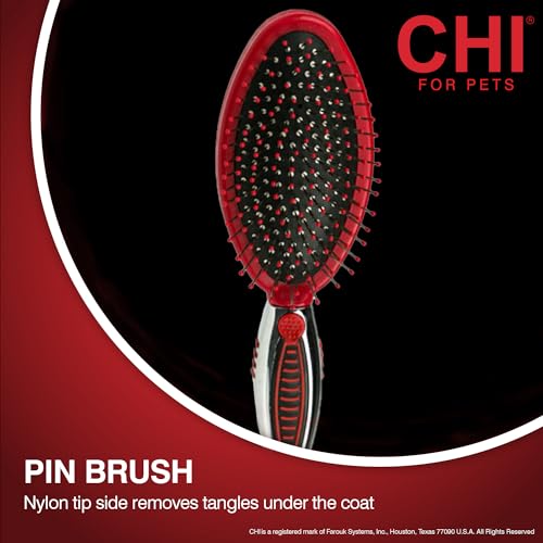 CHI for Dogs Double Sided Pin and Bristle Grooming Brush, 2 in 1 Dog Grooming Brush for Detangling and Smoothing Coats, Removes Loose Hair and Light Tangles, Ergonomic Handle | Detangling and smoothing formula, removes loose hair and light tangles, ergono