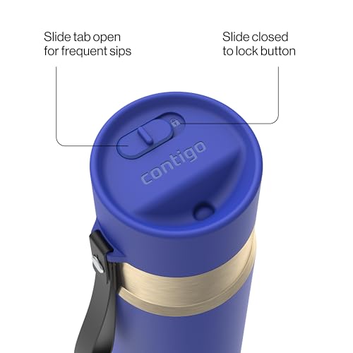 Contigo AutoSeal 16 oz Stainless Steel Vacuum-Insulated Water Bottle with Leakproof Push-Button Spout & Lock, Carry Strap, BPA-Free & Lead-Free, Dishwasher Safe - color: Wild Indigo Champagne, size: 16 Ounces