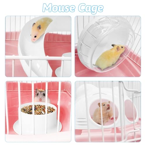 PINVNBY Dwarf Hamster Cage, Small Animal Cages, 2-Tier Travel Portable Mouse Cage Hamster Carrier with Castle House Running Exercise Wheels, Water Bottle and Food Dish（Pink） - color: Pink, size: L: 13.78x10.23x11.02in