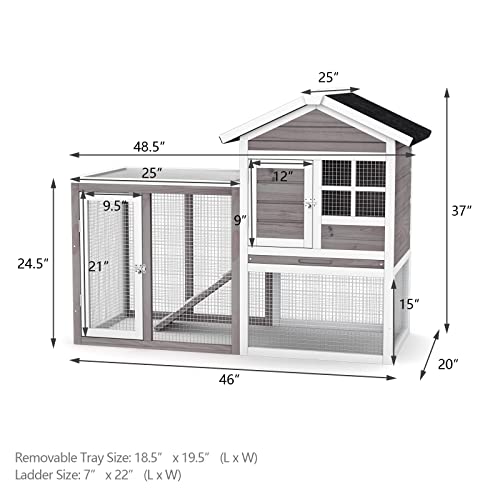 PETSITE Rabbit Hutch, 48.5" Wooden Chicken Coop with Roof & Tray, Bunny Cage Indoor Outdoor, Guinea Pig Pet House for Small Animals, Grey