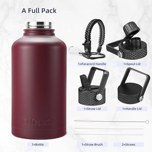 BJPKPK 64oz Insulated Water Bottle, Half Gallon Water Jug with Straw Lid | Large Stainless Steel Vacuum Jug, Keep Cold & Hot, BPA-Free Leak-Proof with 3 Lids, Paracord Handle, for Sports Hiking Travel - color: Brick Red, size: 64 Ounces