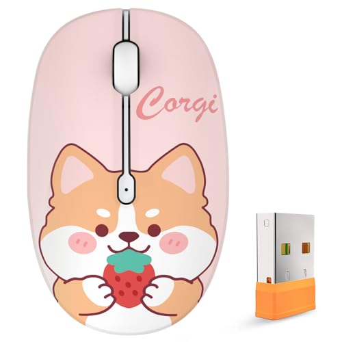 FMOUSE Cute Cartoon Silent Wireless Mouse, Dual Mode Bluetooth & USB 2.4G | Strawberry Corgi, Ideal for Kids Girls Students Back to School | AA Battery Powered | Compatible with Laptop Mac iPad Tablet - color: Strawberry Corgi