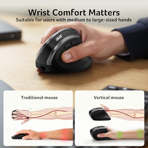 Acer Ergonomic Mouse Wireless, Vertical Computer Mouse for Laptop, PC | Office Ergo Mice Rechargeable for Medium to Large Sized Hands, 58° Tilt, 2.4G USBA Receiver, 800/1200/1600 DPI, 6 Buttons - size: Large