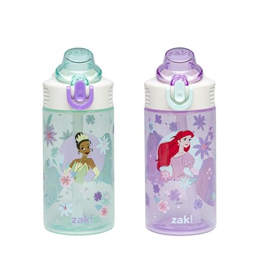 Zak Designs Princess Sage 16oz Leak-Proof Straw Kids Water Bottle, 2-Pack | BPA Free Durable Plastic, Cupholder Friendly, Dishwasher Safe, Easy to Clean, Lid Lock, Handle, For School, Home, Travel - color: Disney Princess (Ariel, Cinderella, Jasmine, Moan