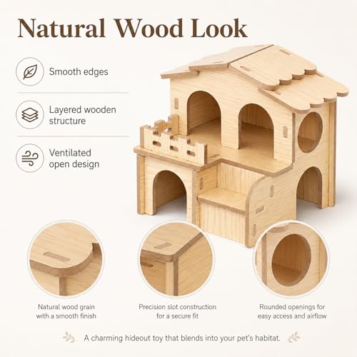 Wooden Hamster House, 2-Story Hideout with Steps and Balcony | Two-level wooden hideout and maze with rooms, steps and balcony for Syrian and dwarf hamsters, gerbils and mice