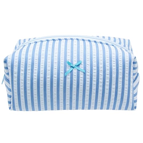 PAZIMIIK Cozy Makeup Bag for Women,Zipper Cosmetic Pouch,Stripe Lake Blue | Soft Cosmetic Organizer for Makeup,Skincare,Toiletries,Daily Beauty Essentials,Purse,On-the-Go,Bridesmaid Gifts - color: Stripe Lake Blue