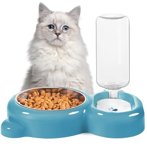 Dog Bowls, Cat Food and Water Bowl Set with Water Dispenser and Stainless Steel Bowl for Cats and Small Dogs - Blue - color: Blue