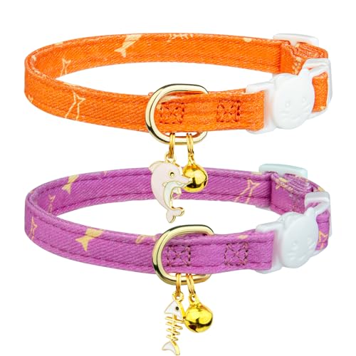 2 Pack Cotton Cat Collar Orange and Purple Fish Cute Kitten Cat Collar | Breakaway Breathable Soft material With cute pendants with Bell - color: Orange&Purple