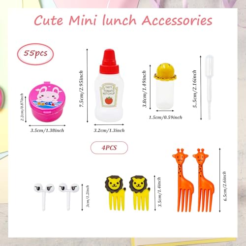 55-Pack Bento Box Accessories & Mini Condiment Bottles Set | 55pack: 4 mini condiment bottles, 40 animal food picks, 4 sauce containers, 7 divider cups. BPA-free, leak-proof, reusable.