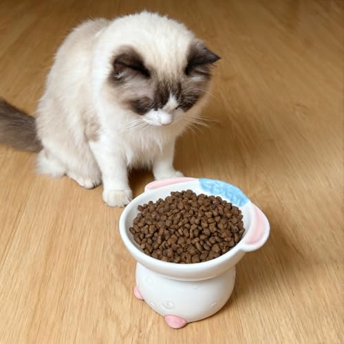 Cute Highland Cow Design Elevated Cat Bowl,Catoon Animal Dish - 15° Tilted Ceramic Pet Food Dish, Anti-Vomit for Cats/Dogs, Wide Mouth, Holds 150g Kibble - color: Blue Cow