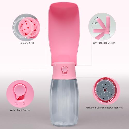 Portable Dog Water Bottle 19oz Pink | Foldable pet water dispenser, food grade plastic, ease to use for outdoor walking, hiking, travel - color: Transparent Pink, size: 19OZ