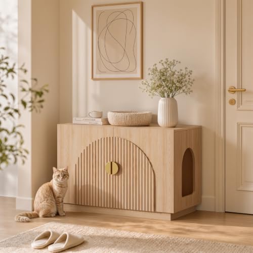 Amunrbrek Cat Litter Box Enclosure Furniture, 31.5" Arched Fluted Cabinet - color: Natural
